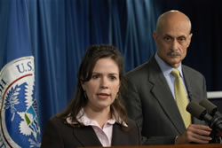 Photo of DHS Secretary Michael Chertoff and Assistant Secretary Julie Myers at the news conference in Washington, D.C.