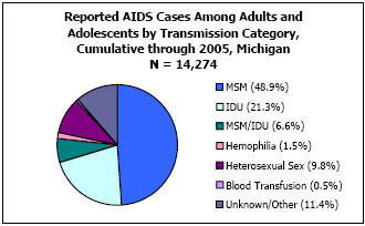 Reported AIDS Cases Among Adults and Adolescents by Transmission Category, Cumulative through 2005, Michigan N = 14,274 MSM - 48.9%, IDU - 21.3%, MSM/IDU - 6.6%, Hemophilia - 1.5%, Heterosexual Sex - 9.8%, Blood Transfusion - 0.5%, Unkown/Other - 11.4%