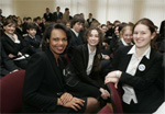 Secretary Rice mingles with students at Kyiv Special English School 57 in Ukraine. [White House photo]