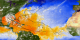 The 2005 hurricane season showing sea surface temperatures, clouds, and named storm tracks.  Cloud data comes from GOES-12 and sea surface temperature comes from AMSR-E.