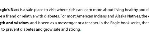 The Eagle's Nest is a safe place to visit where kids can learn more about living healthy and diabetes. It is for those who may have diabetes or have a friend or relative with diabetes. For most American Indians and Alaska Natives, the eagle represents balance, courage, healing, strength and wisdom, and is seen as a messenger or a teacher. In the Eagle book series, the wise bird teaches children how to se these values to use these values to prevent diabetes and grow safe and strong.