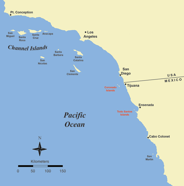 Map of the Southern California Bight, including Coronado and Todos Santos Islands in Baja, Mexico