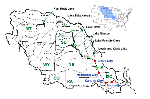 Figure 1. Missouri River map of streamgages used in flow visualization