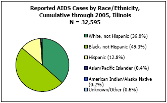 Reported AIDS Cases by Race/Ethnicity, Cumulative through 2005, Illinois  N = 32,595  White, not Hispanic - 36.8%, Black, not Hispanic - 49.3%, Hispanic - 12.8%, Asian/Pacific Islander - 0.4%, American Indian/Alaska Native - 0.2%, Unkown/Other - 0.6%