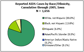 Reported AIDS Cases by Race/Ethnicity, Cumulative through 2005, Iowa  N = 1,656  White, not Hispanic - 80%, Black, not Hispanic - 13%, Hispanic - 6%, Asian/Pacific Islander - 0.5%, American Indian/Alaska Native - 0.2%, Unkown/Other - 0.1%