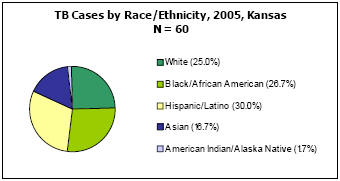 TB Cases by Race/Ethnicity, 2005, Kansas  N=60  White - 25%, Black/African American - 26.7%, Hispanic/Latino - 30%, Asian - 16.7%, American Indian/Alaska Native - 1.7%