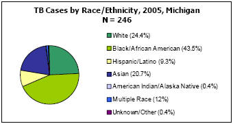 TB Cases by Race/Ethnicity, 2005, Michigan  N = 246 White - 24.4%, Black/African American - 43.5%, Hispanic/Latino - 9.3%, Asian - 20.7%, American Indian/Alaska Native - 0.2%, Multiple Race - 1.2%, Unkown/Other - 0.4%