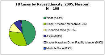 TB Cases by Race/Ethnicity, 2005, Missouri  N = 108 White - 43.5%, Black/African American - 33.3%, Hispanic/Latino - 12%, Asian - 9.3%, Native Hawaiian/Other Pacific Islander - 0.9%, Multiple Race - 0.9%