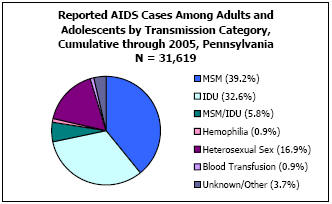 Reported AIDS Cases Among Adults and Adolescents by Transmission Category, Cumulative through 2005, Pennsylvania N = 31,619 MSM - 39.2%, IDU - 32.6%, MSM/IDU - 5.8%, Hemophilia - 0.9%, Heterosexual Sex - 16.9%, Blood Transfusion - 0.9%, Unkown/Other - 3.7%