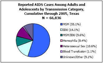 Reported AIDS Cases Among Adults and Adolescents by Transmission Category, Cumulative through 2005, Texas N = 66,836 MSM - 55.1%, IDU - 14.1%, MSM/IDU - 9.6%, Hemophilia - 0.4%, Heterosexual Sex - 10.6%, Blood Transfusion - 1.1%, Unkown/Other - 9.1%