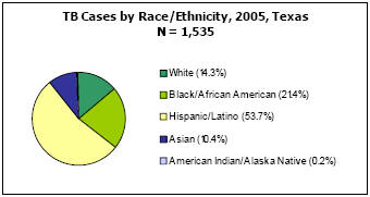 TB Cases by Race/Ethnicity, 2005, Texas N = 1,535 White - 14.3%, Black/African American - 21.4%, Hispanic/Latino - 53.7%, Asian - 10.4%, American Indian/Alaska Native - 0.2%