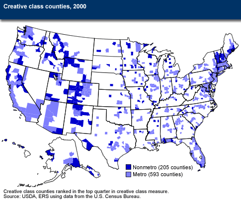 A  map shows the location of metro and nonmetro creative class counties.