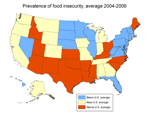 Image of a map showing prevalence of food insecurity, average 2004-2006 