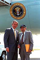 On his arrival in Cleveland, President George W. Bush met with Eugene Brudno, a Cleveland senior and World War II veteran who has dedicated more than 25 years as a volunteer to helping families coping with mental illness.