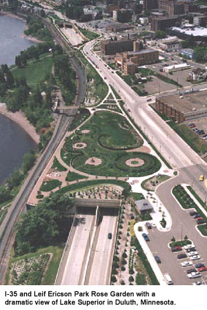 I-35 and Leif Ericson Park Rose Garden with a dramatic view of Lake Superior in Duluth, Minnesota