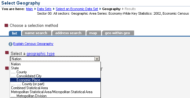 Select Geography page--selecting a geographic type