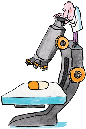 cartoon illusration of a man in lab coat standing on oversized microscope looking at an oversized pill.