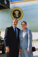 President George W. Bush met Dana Karcher upon arrival in Bakersfield, California, on Thursday, March 4, 2004.  Karcher has been an active volunteer with Keep Bakersfield Beautiful since 2001.