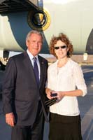 President George W. Bush presented the President’s Volunteer Service Award to Cathy Levine upon arrival in Reno, Nevada, on Monday, August, 27, 2007.  Levine volunteers with Warm for all Reasons and the employee volunteer program at Wells Fargo Nevada.  To thank them for making a difference in the lives of others, President Bush honors a local volunteer when he travels throughout the United States.  He has met with more than 600 volunteers, like Levine, since March 2002.