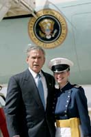 President George W. Bush met Gloria Moran upon arrival in Colorado Springs, Colorado, on Wednesday, June 2, 2004.  A graduating cadet at the United States Air Force Academy, Moran is an active volunteer mentor with Big Brothers Big Sisters Pikes Peak.  
