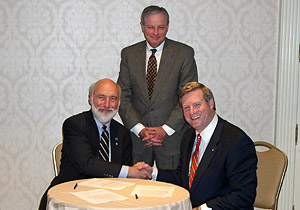 (L–R) Mark G. Ellis, President, IMA-NA; Dick Hogan, Chairman, IMA-NA and President and Chief Executive Officer of Solvay Chemicals, Inc.; and Edwin G. Foulke, Jr., Assistant Secretary, USDOL-OSHA; after the national Alliance signing on April 26, 2007