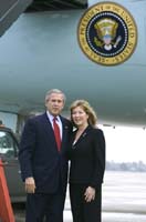 President George W. Bush met Karen Kindron upon arrival in Columbus, Ohio, on Saturday, October 2, 2004.  Kindron is an active volunteer with Rebuilding Together of Columbus, which provides vital home improvement services for low-income elderly or disabled homeowners.   