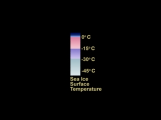 This color bar used for the sea  ice surface temperature shows the water above 0 Celsius as  light blue.  Temperatures between 0 and -15 Celsius are shown in shades of pink.  (Note that sea ice forms below -2 Celsius.)  Shades of purple represent sea ice surface temperatures below -15 degrees Celsius and temperatures below -28 degrees Celsius are shown in shades of blue/gray.
