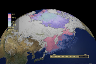 This animation shows the daily advance and retreat of snow cover, and sea ice surface temperature over the Northern Hemisphere during the winter of 2002-2003.  There are two sets of frames available for each resolution (HD 1080i and NTSC).  The background frames contain the Earth and data.  The overlay frames contain the color bar, time bar, and other text. 