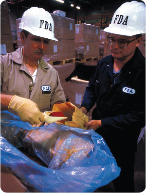 Uniformed FDA inspectors taking spice samples from bags in a warehouse.