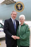 President George W. Bush presented the President’s Volunteer Service Award to Betty Haggard upon arrival in Orlando, Florida, on Friday, March 18, 2005.  Haggard, 74, is an active volunteer with the Seminole County Sheriff’s Office.