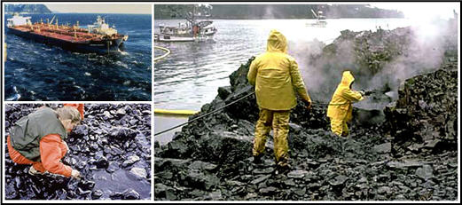 Collage with three photos from the Exxon Valdez oil spill. 1: Exxon Valdez in surf, aground on reef. 2: Woman examines pooled oil among rocks to determine depth of oil penetration. 3: Workers spray oiled rocky shore with hot water as part of the cleanup effort.