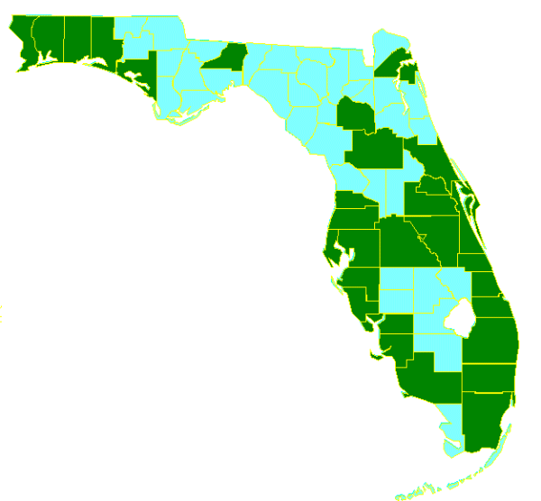 map showing Florida's 25 Urban Areas in 1990