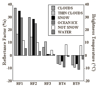 Figure 3: Bar graph showing values for Clouds, Thin Clouds, Snow, Ocean Ice, Not Snow, and Water