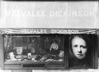 Graphic of Velvalee  Dickinson and her Doll Shop storefront.
