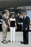 President George W. Bush met Theresa Bunker upon arrival in Las Vegas, Nevada, on Tuesday, September 14, 2004.  Bunker is a volunteer with the Las Vegas National Guard Family Support Center, and became actively involved when her son’s National Guard unit deployed to Iraq in March 2003.
