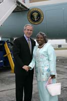 President George W. Bush presented the President’s Volunteer Service Award to Vernice Williams upon arrival in Indianapolis, Indiana, on Thursday, July 14, 2005.  Williams is a volunteer with a variety of community organizations including Indiana Black Expo and the 100 Men/St. Vincent Unity Development Center.  To thank them for making a difference in the lives of others, President Bush has met with more than 400 individuals around the country, like Williams, since March 2002.