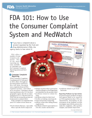 Cover page of PDF version of this article, including photo of a telelphone and a laptop with the MedWatch reporting page on the screen.