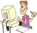 Man looking at a computer and writing
