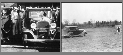 Left: The aftermath of the Kansas City Massacre. Right: FBI agents takes target practice with a Thompson machine gun.