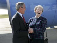 President George W. Bush met Sister Chabanel Hayunga upon arrival in Rochester, Minnesota, on Wednesday, October 20, 2004.  Hayunga, 66, is an active volunteer with the Senior Companion program through Catholic Charities and the Southeastern Minnesota Council for Independent Living.