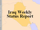 Cover of report reading 'Iraq Weekly Status Report' centered over outline map of Iraq; vertical wording down left-hand margin reads 'DEPARTMENT OF STATE'.