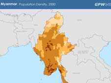 The Gridded Population of the World map of Burma captures areas in shades of brown that become darker with increased population. Coastal areas hit hardest by the cyclone in May 2008 were highly populated.