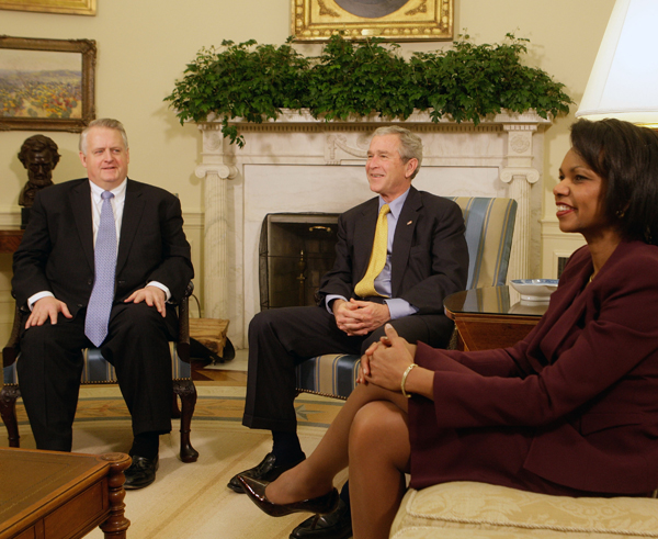 Photo: Sudan Envoy Rich Williamson, President Bush and Secretary Rice meet at the White House. AP photo.
