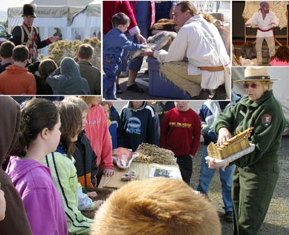 A collage of activities showing children and rangers and reenactors.