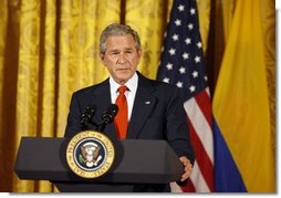 President George W. Bush delivers remarks during the celebration of Colombian Independence Day Tuesday, July 22, 2008, in the East Room of the White House. White House photo by Eric Draper