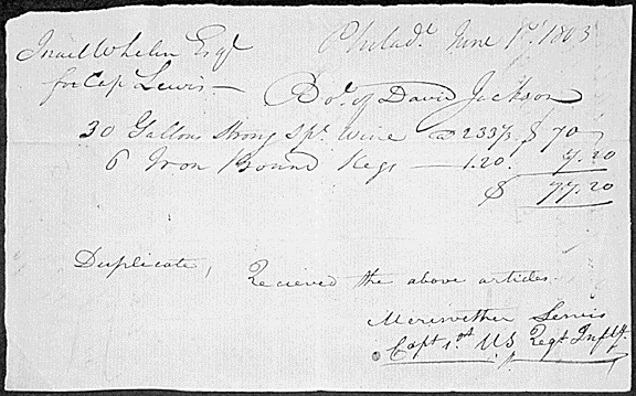 Receipt for Wine and Kegs Purchased by Meriwether Lewis
 for the Expedition to the West, 1803