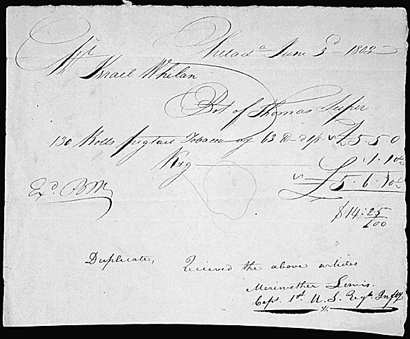 Receipt for 130 Rolls of Pigtail Tobacco Purchased by
 Meriwether Lewis for the Expedition to the West, 1803