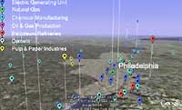 screen shot of Google Earth map with emission sources in the Chicago area
