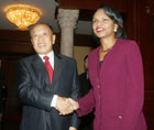 Secretary Rice shakes hands with Chinese Foreign Minister Li Zhaoxing in Beijing, China, October 20, 2006. 