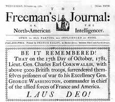 Front page of Freeman's Journal, Phila., Oct. 24, 1781, announcing Cornwallis' surrender at Yorktown on Oct. 17th